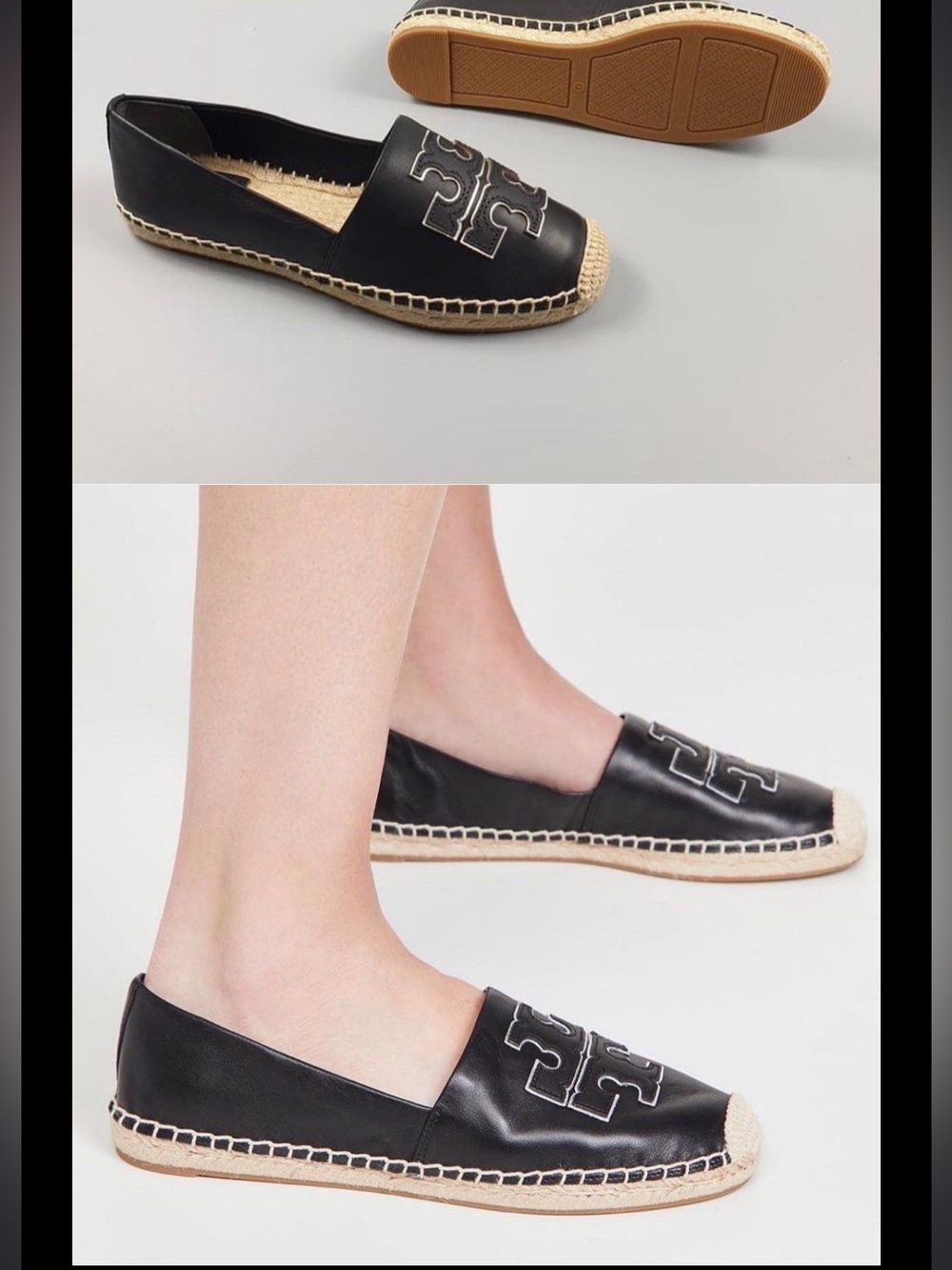 Tory Burch Black Leather Espadrille Slip-Ons with Embroidered Logo